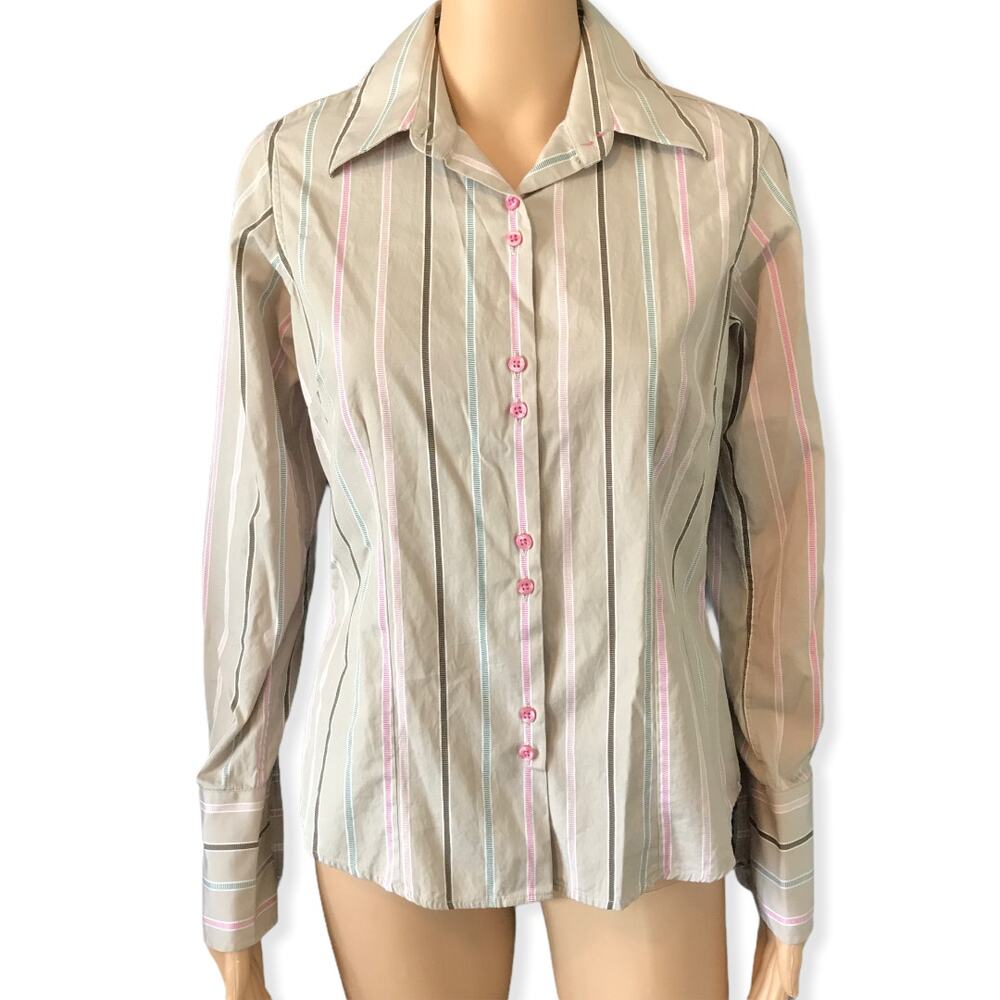 Thomas Pink Beige Pink Blue Brown Vertical Striped Fitted Button Front Blouse 8